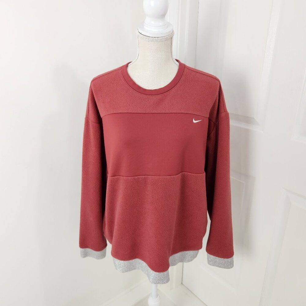 Nike Sweatshirt Womens L Red Icon Clash Therma Fleece Silver Glitter Trim Teddy